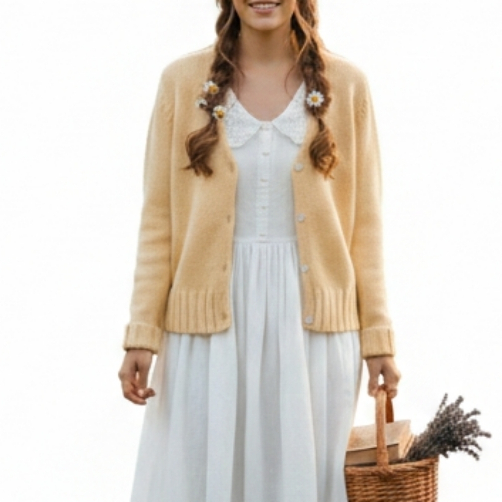 Caslon Yellow V-Neck Button-Front Knit Cottagecore Cardigan M